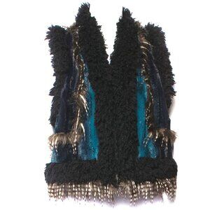 ANNA SUI Faux Fur Vest Black Teal Hook Closure Oversized Ombre FW 2016 Boho